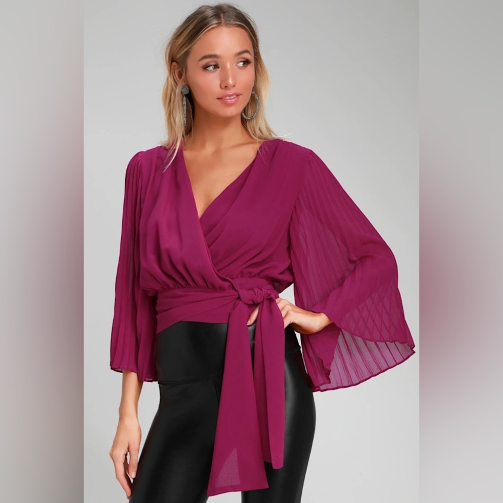 Lulus Pleats and Thank You Magenta Pleated Wrap Top